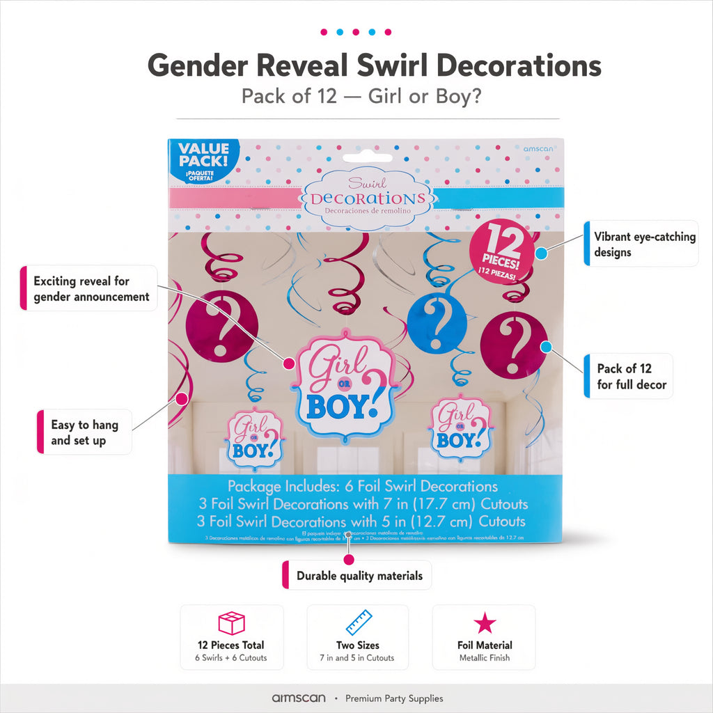 Boy Girl Baby Shower Reveal Swirl Decorations Pack Of 12