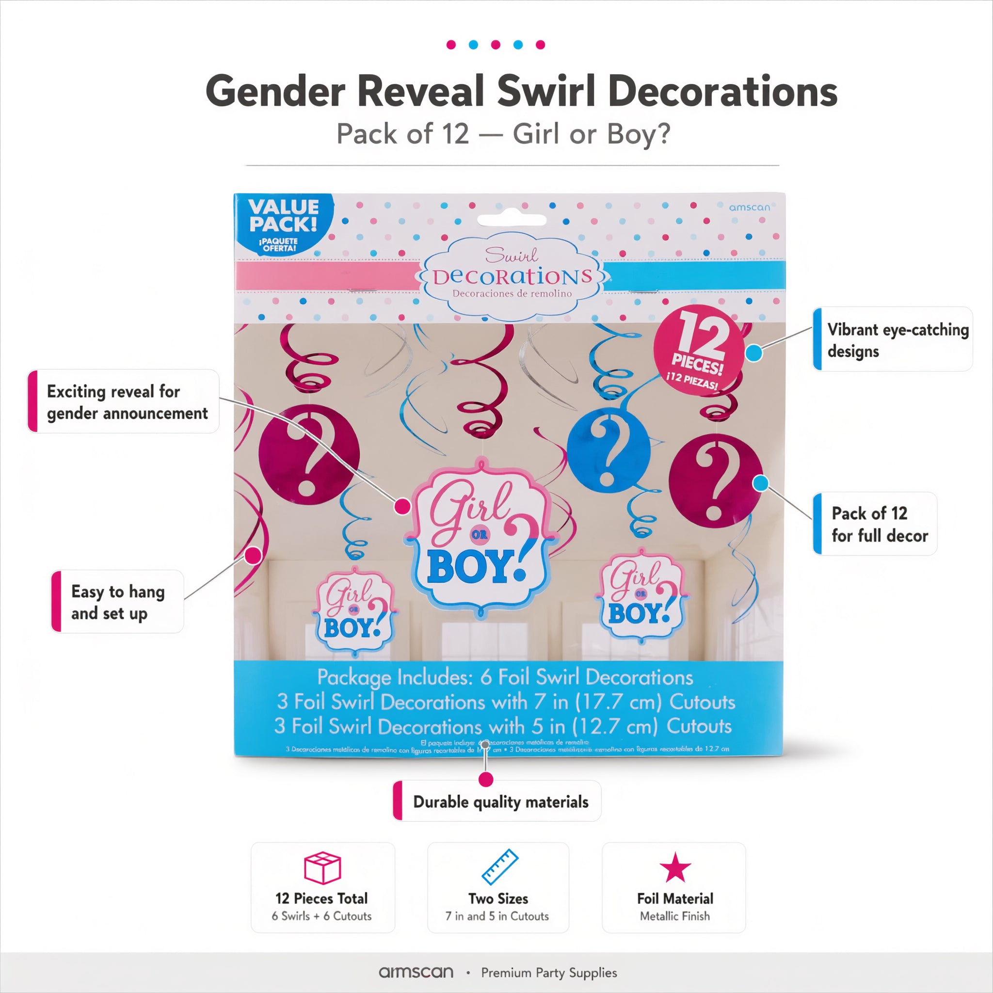 Boy Girl Baby Shower Reveal Swirl Decorations Pack Of 12
