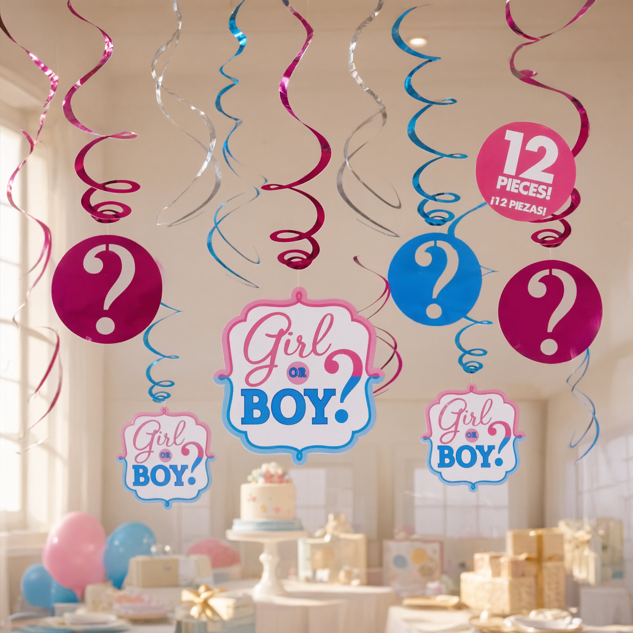 Boy Girl Baby Shower Reveal Swirl Decorations Pack Of 12