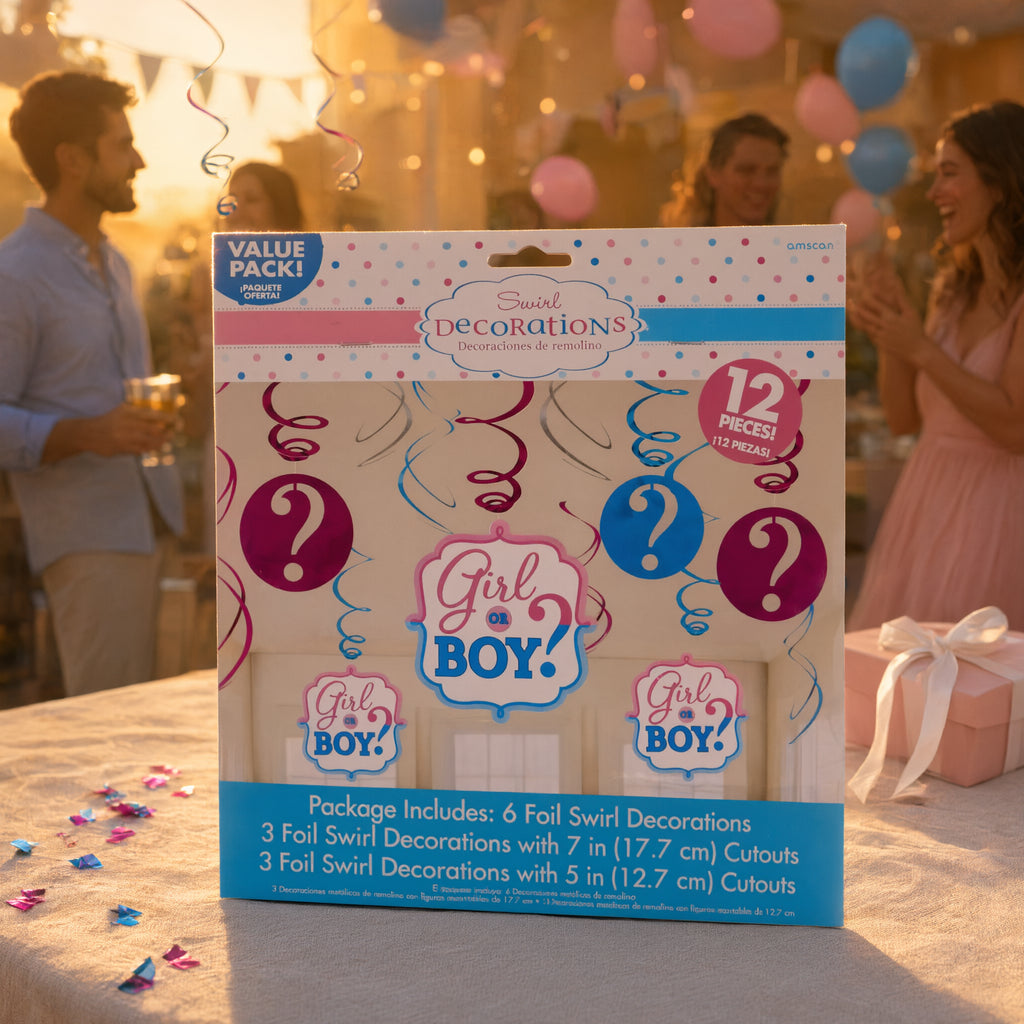 Boy Girl Baby Shower Reveal Swirl Decorations Pack Of 12