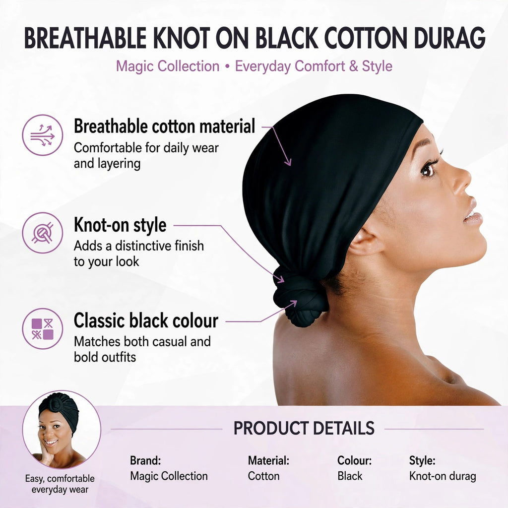 infographic showing breathable cotton material and knot-on style features