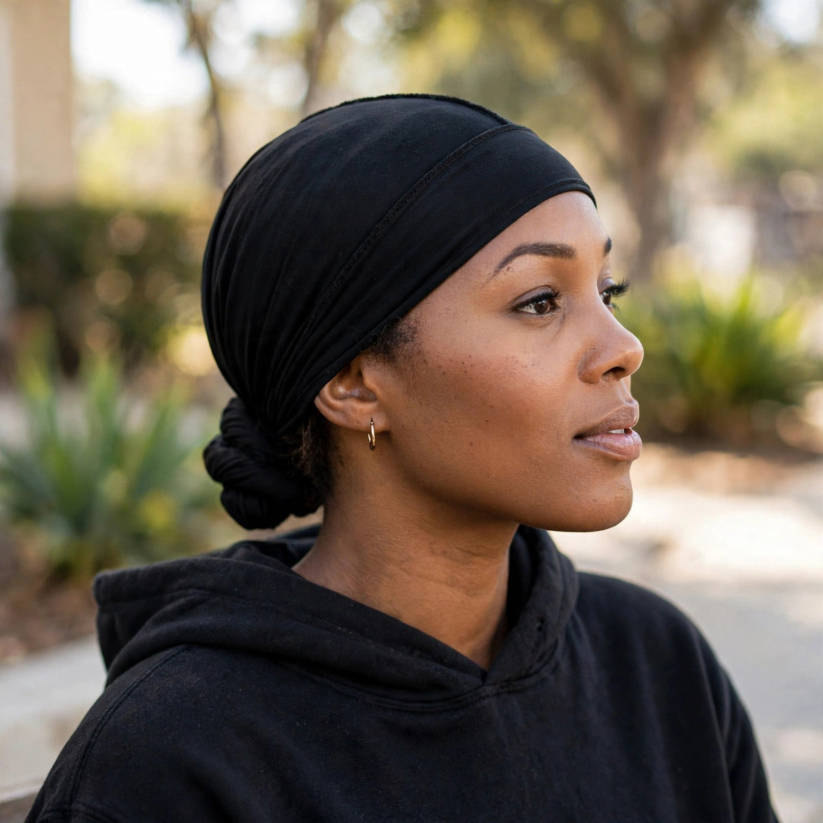 black cotton durag worn as everyday headwear