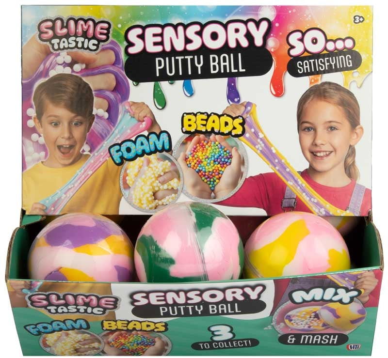 Slime Tastic Sensory Putty Ball packaging box showing three assorted marble swirl balls with foam and bead filling