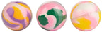 Three sensory butter putty balls in assorted marble swirl designs — pink purple yellow, pink green, and pink yellow white