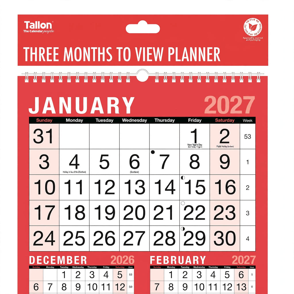 Close-up of the red and black 2027 calendar showing three months at once