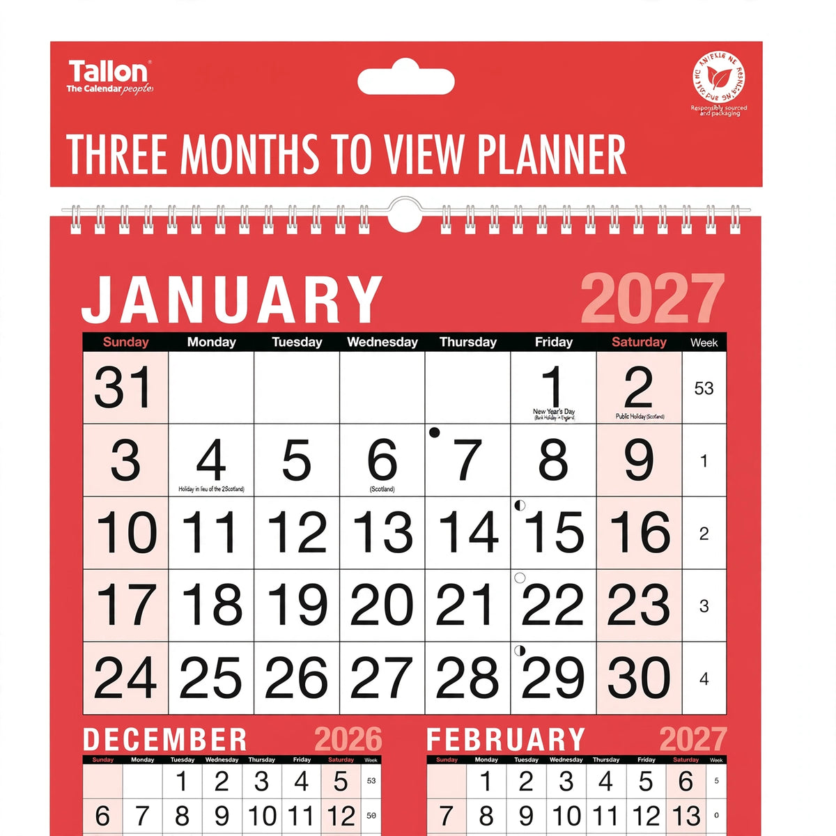 Close-up of the red and black 2027 calendar showing three months at once