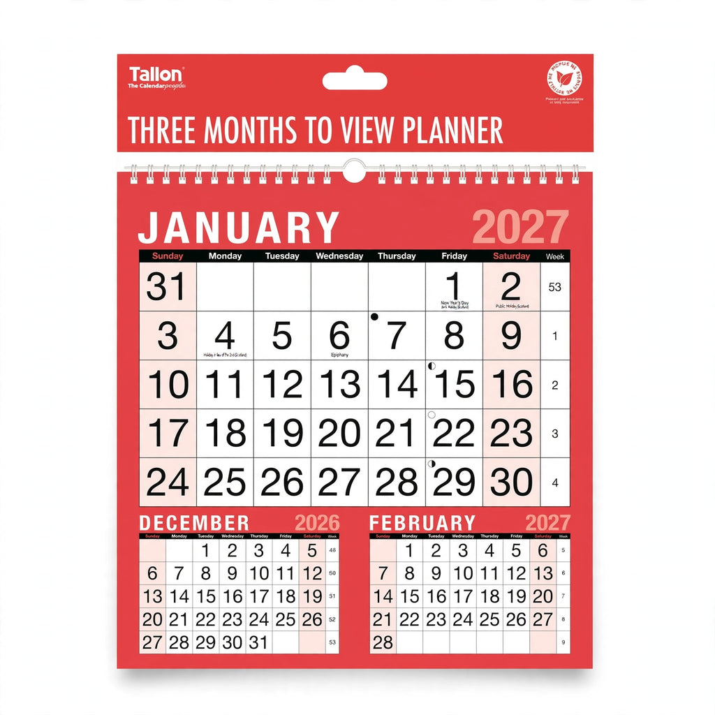 Tallon 2027 calendar with three-month view in red and black design