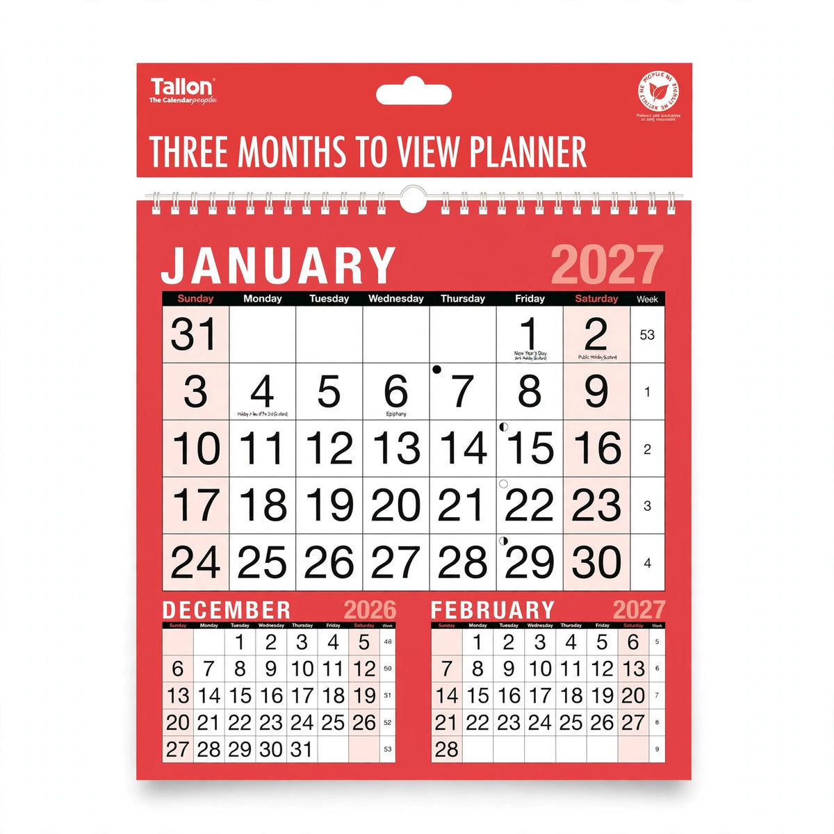 Tallon 2027 calendar with three-month view in red and black design