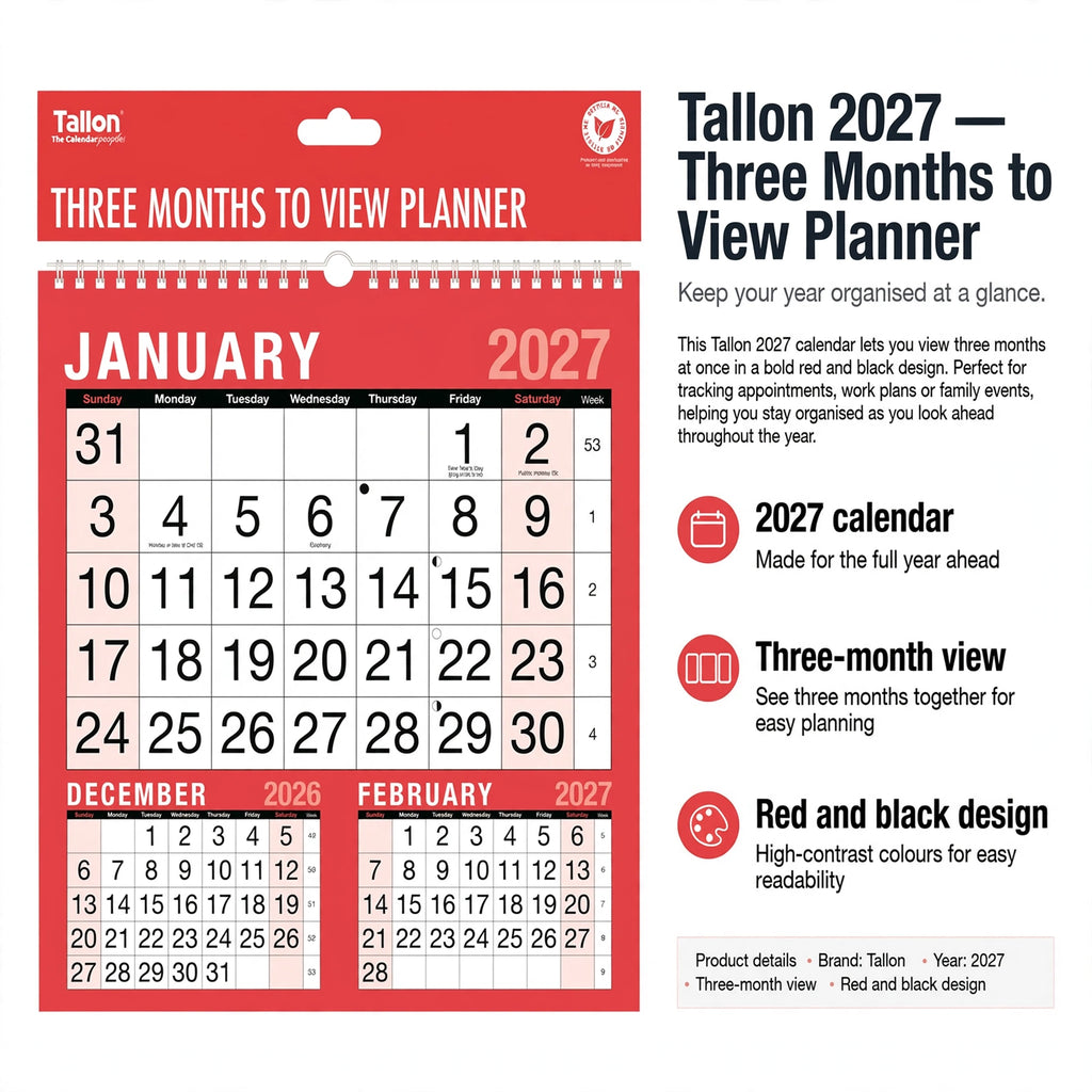Calendar features including 2027 year, three-month view, and red and black design