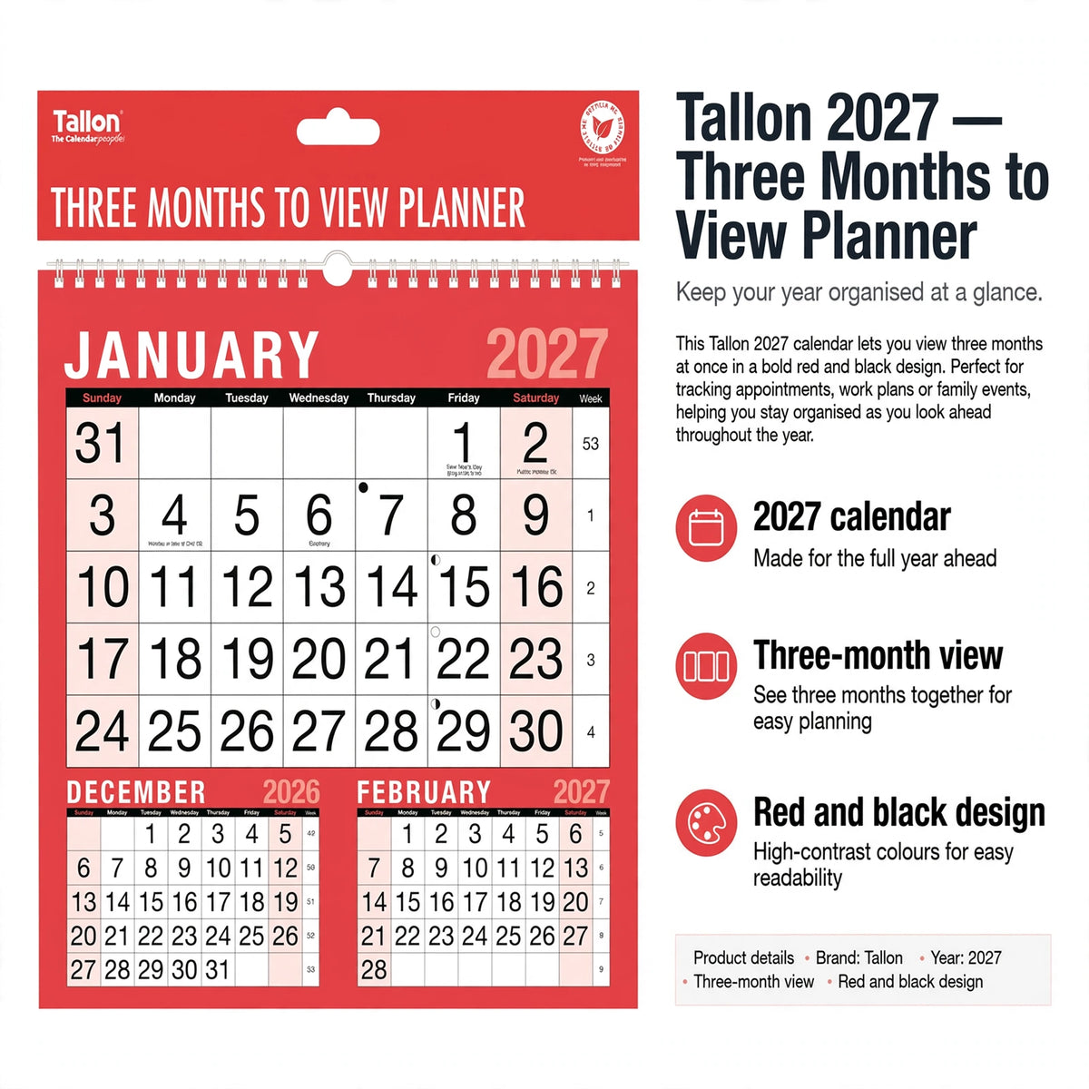 Calendar features including 2027 year, three-month view, and red and black design