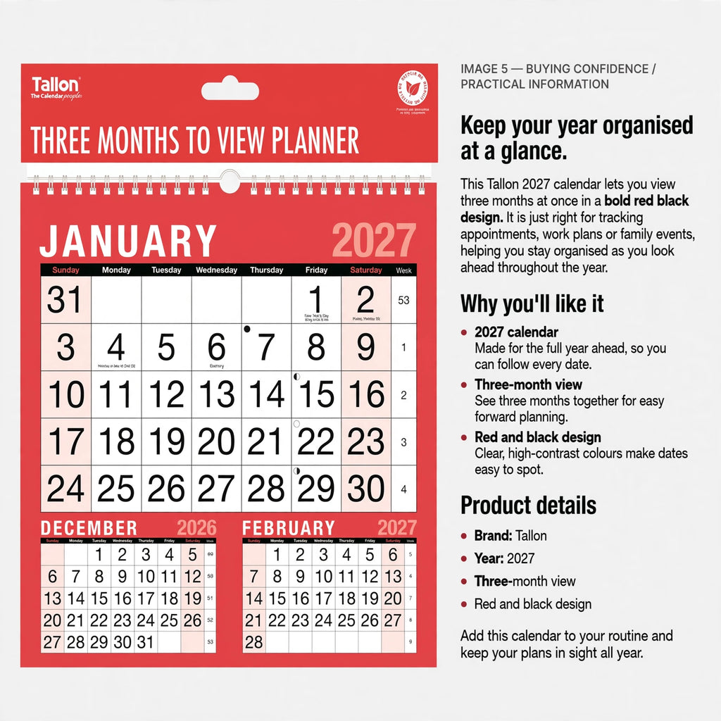 Calendar designed for full year 2027 with three-month view for planning
