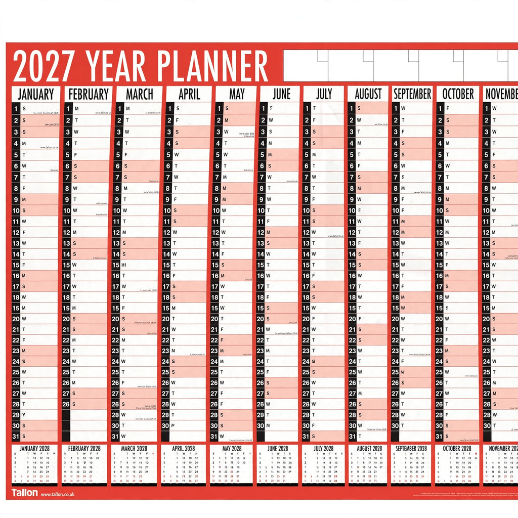 Close-up of Tallon 2027 wall planner folded format