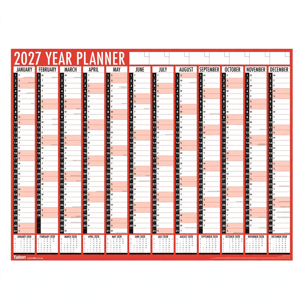 Tallon 2027 full year wall planner in folded format
