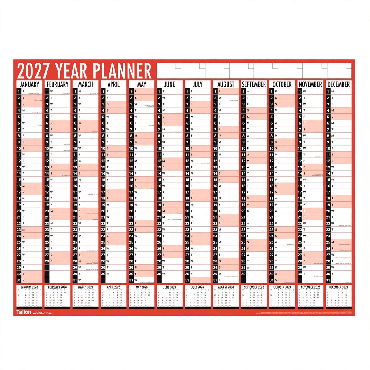 Tallon 2027 full year wall planner in folded format