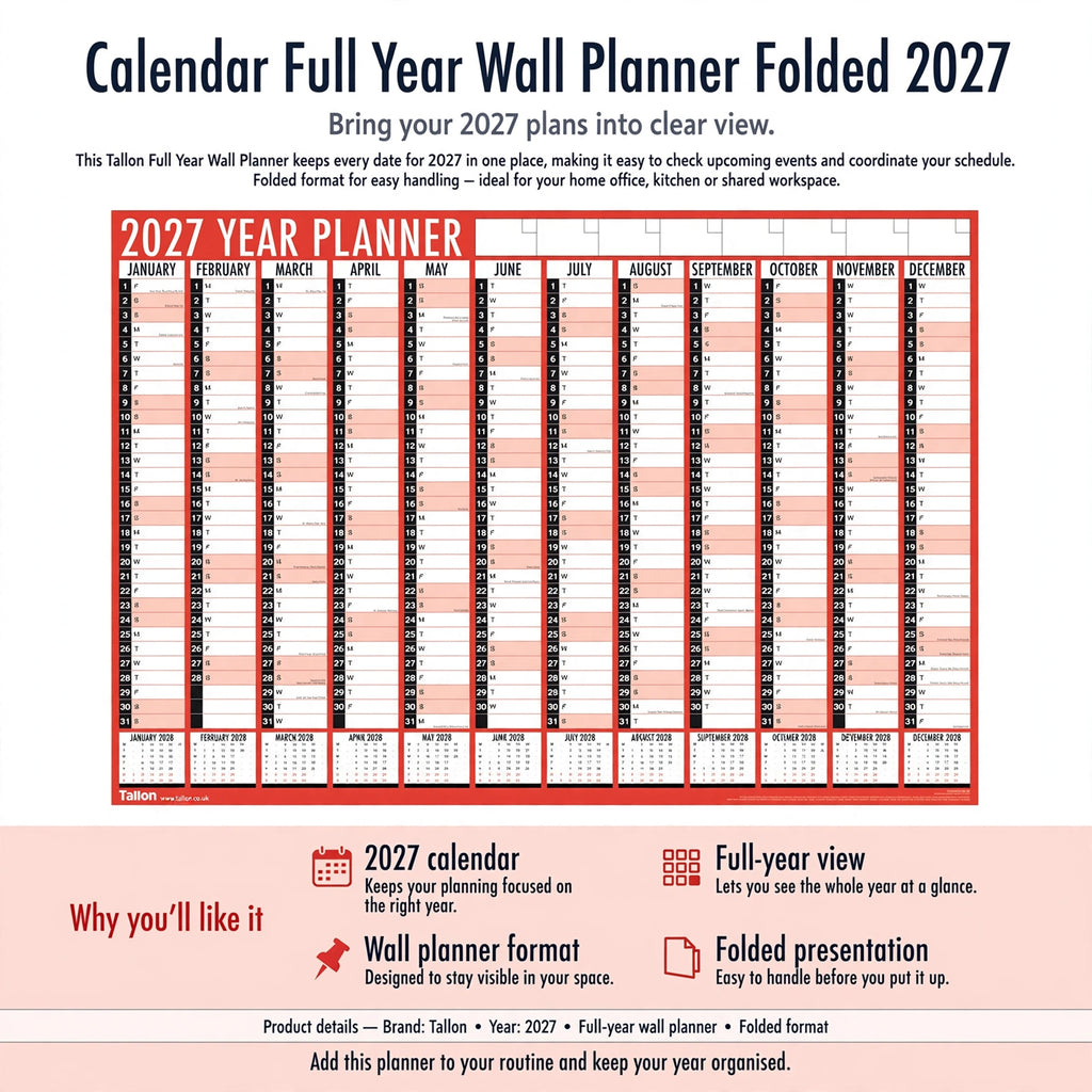 Infographic showing 2027 calendar with full-year view and folded wall planner format