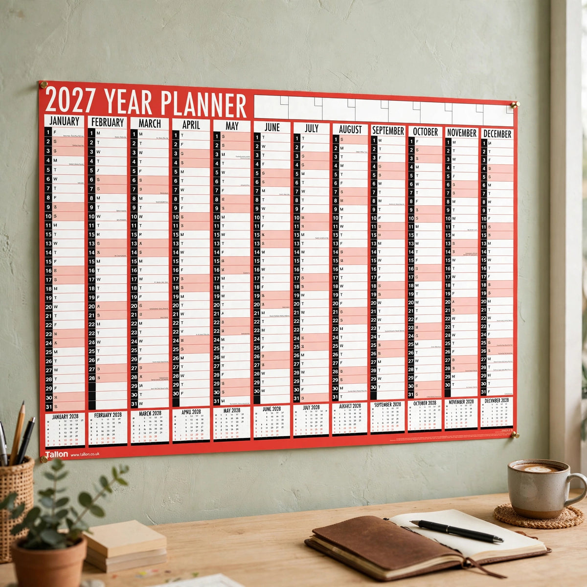 Tallon 2027 full year wall planner displayed on a wall in a home office or kitchen