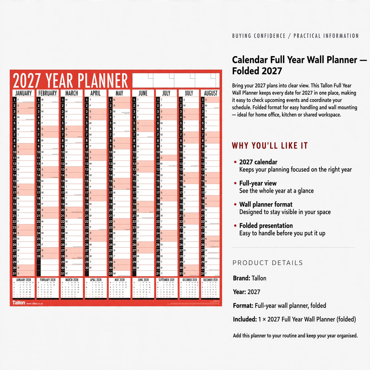 Tallon 2027 full year wall planner designed for wall use and easy handling