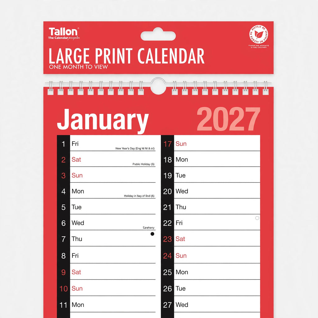 Close-up view of Tallon 2027 calendar with month-to-view layout