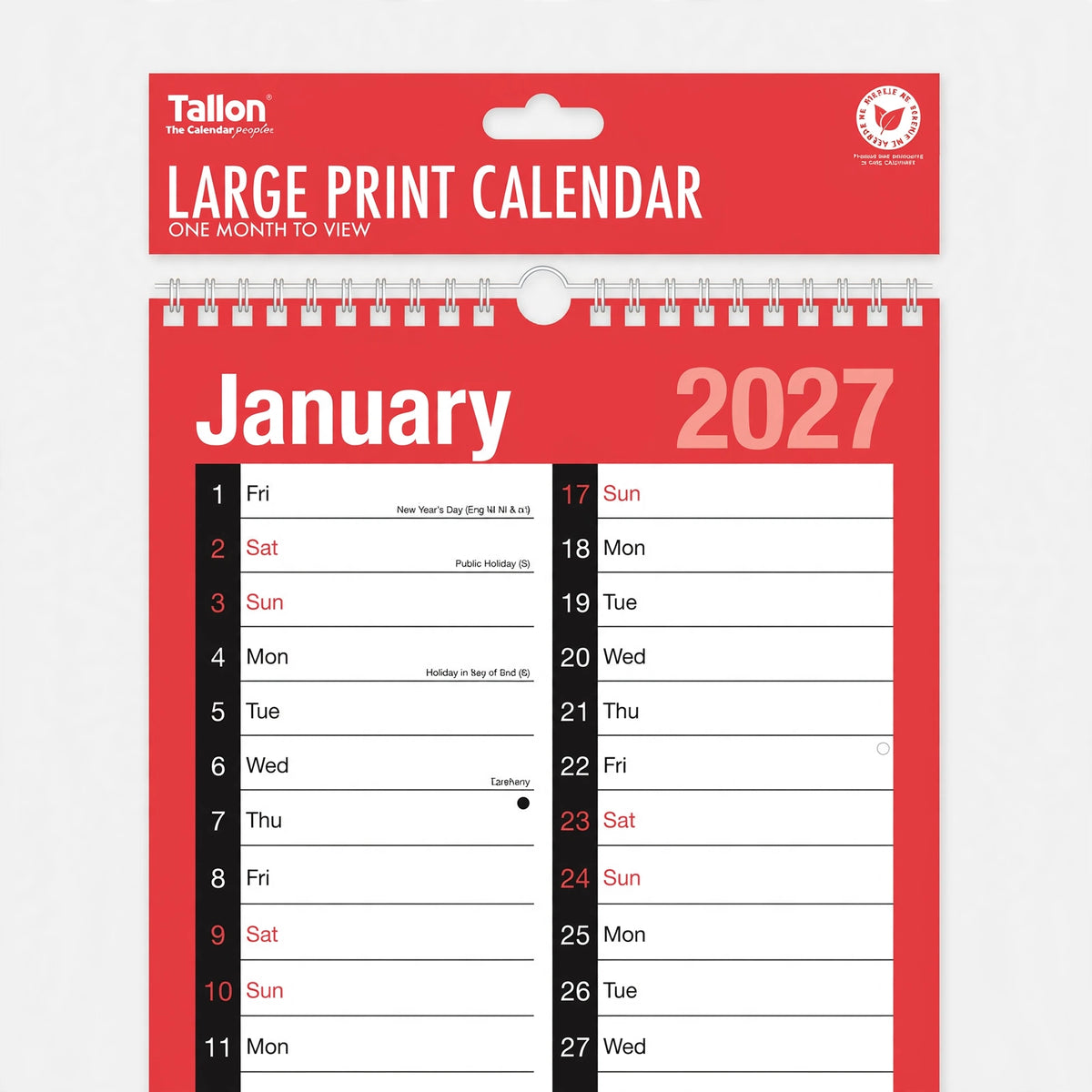 Close-up view of Tallon 2027 calendar with month-to-view layout