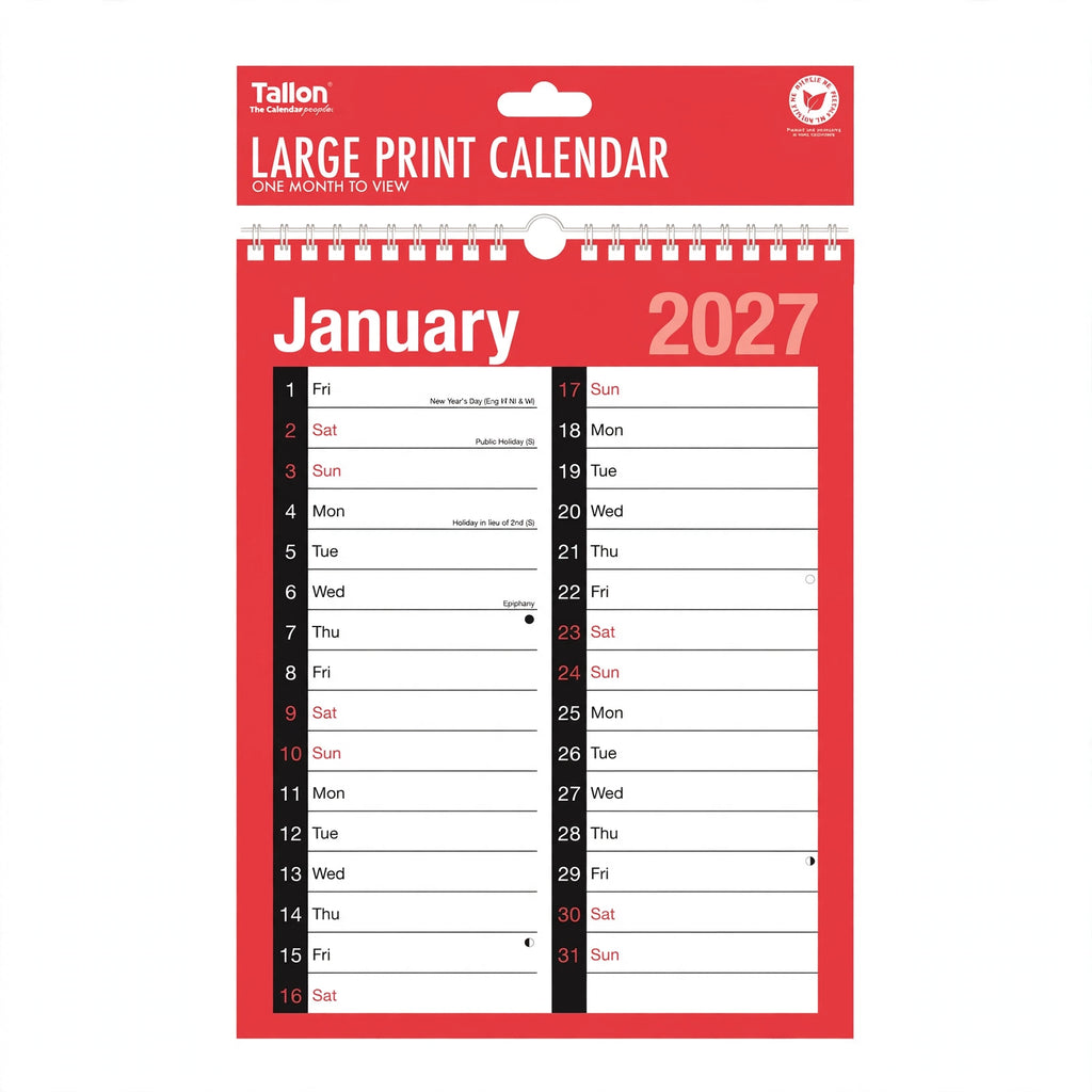 Tallon Calendar Month To View A4 2027 showing month-to-view layout