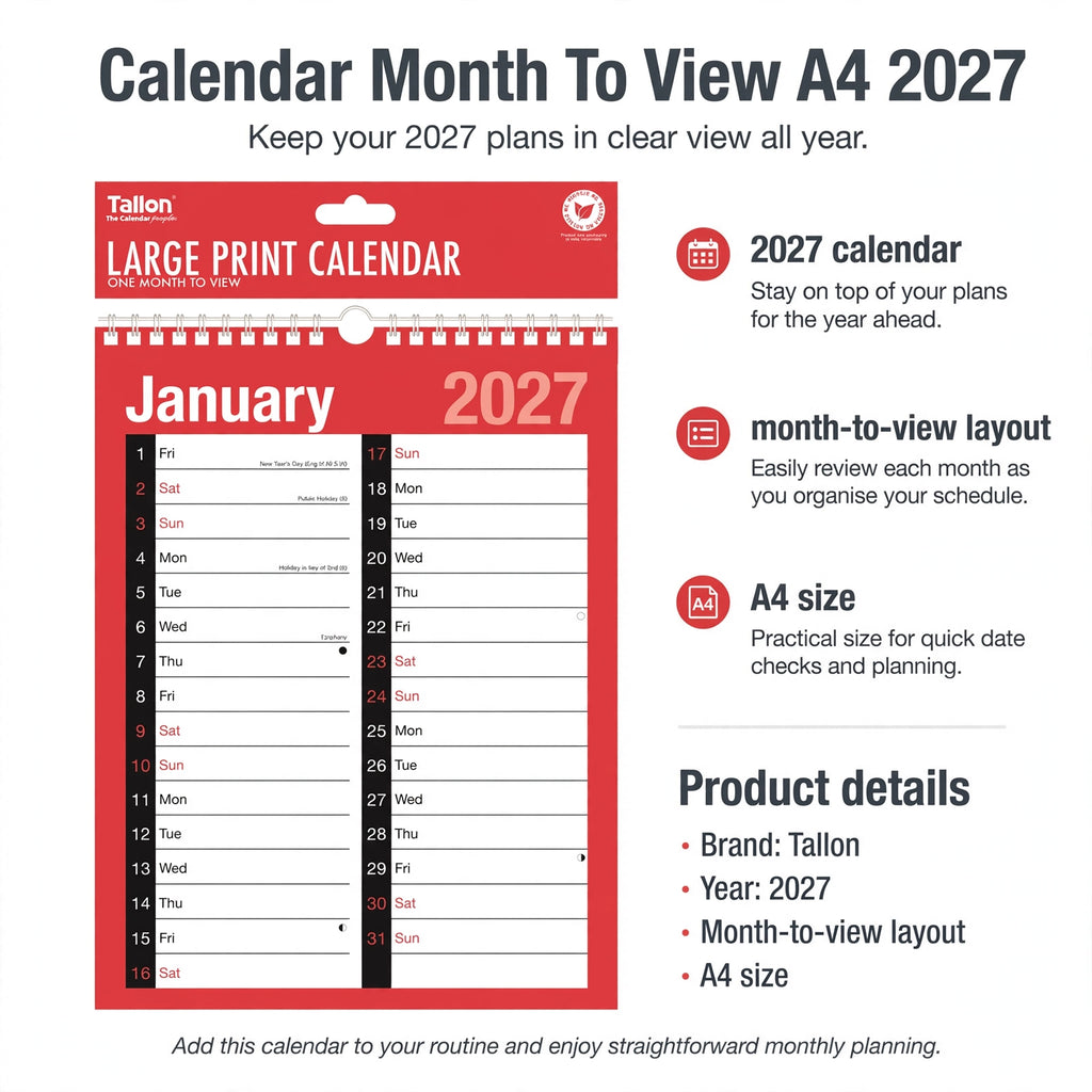 Infographic showing month-to-view layout and A4 size of 2027 calendar