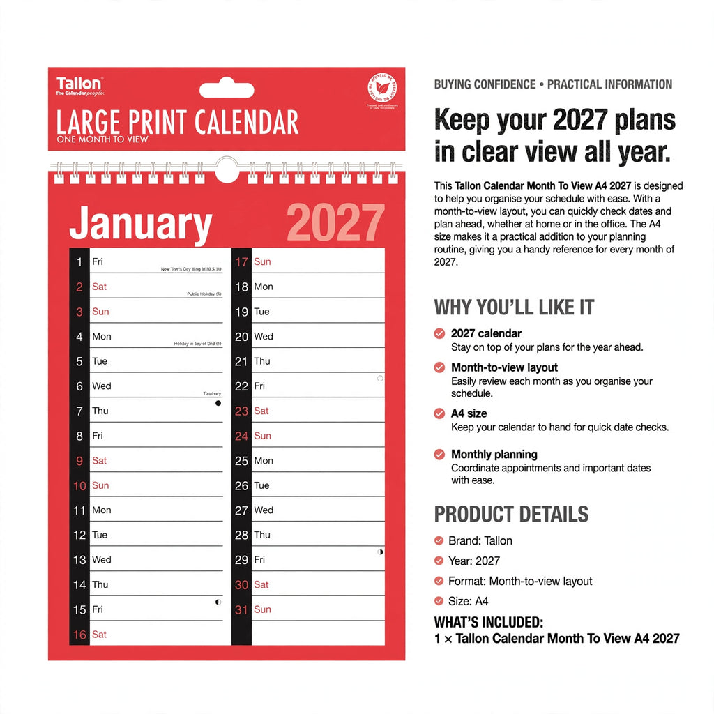 Calendar designed for monthly planning and quick date checks in 2027