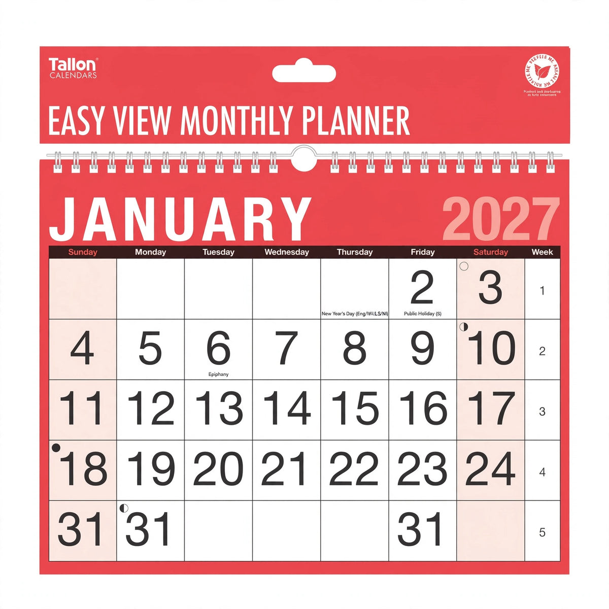 Close-up view of the Tallon 2027 calendar month-to-view layout