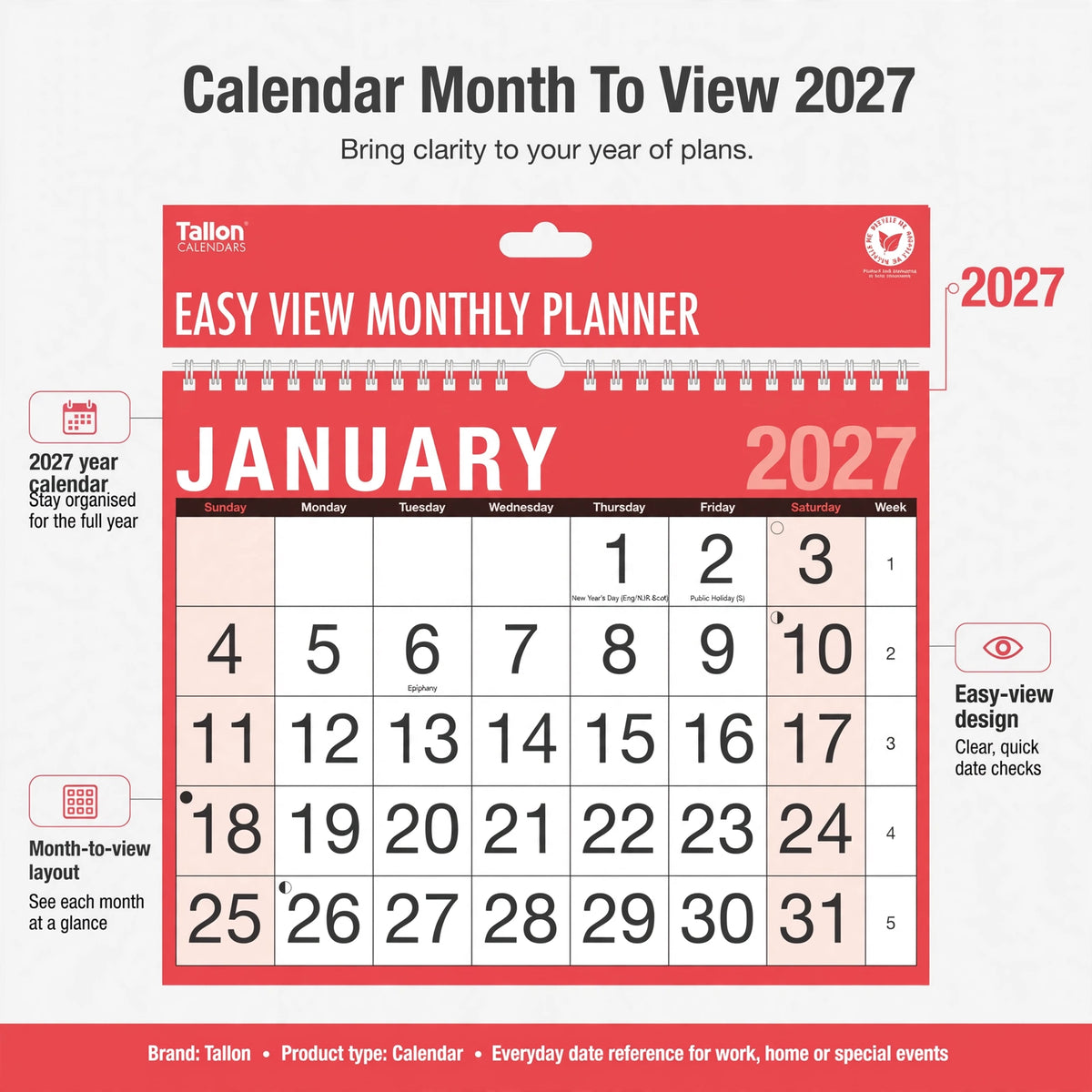 Infographic showing 2027 calendar features including month-to-view layout and easy-view design