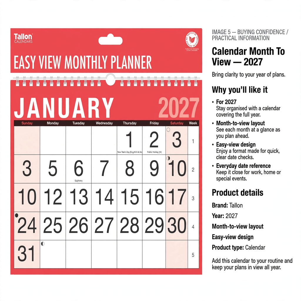 Calendar designed for quick date checking and year-round planning in 2027