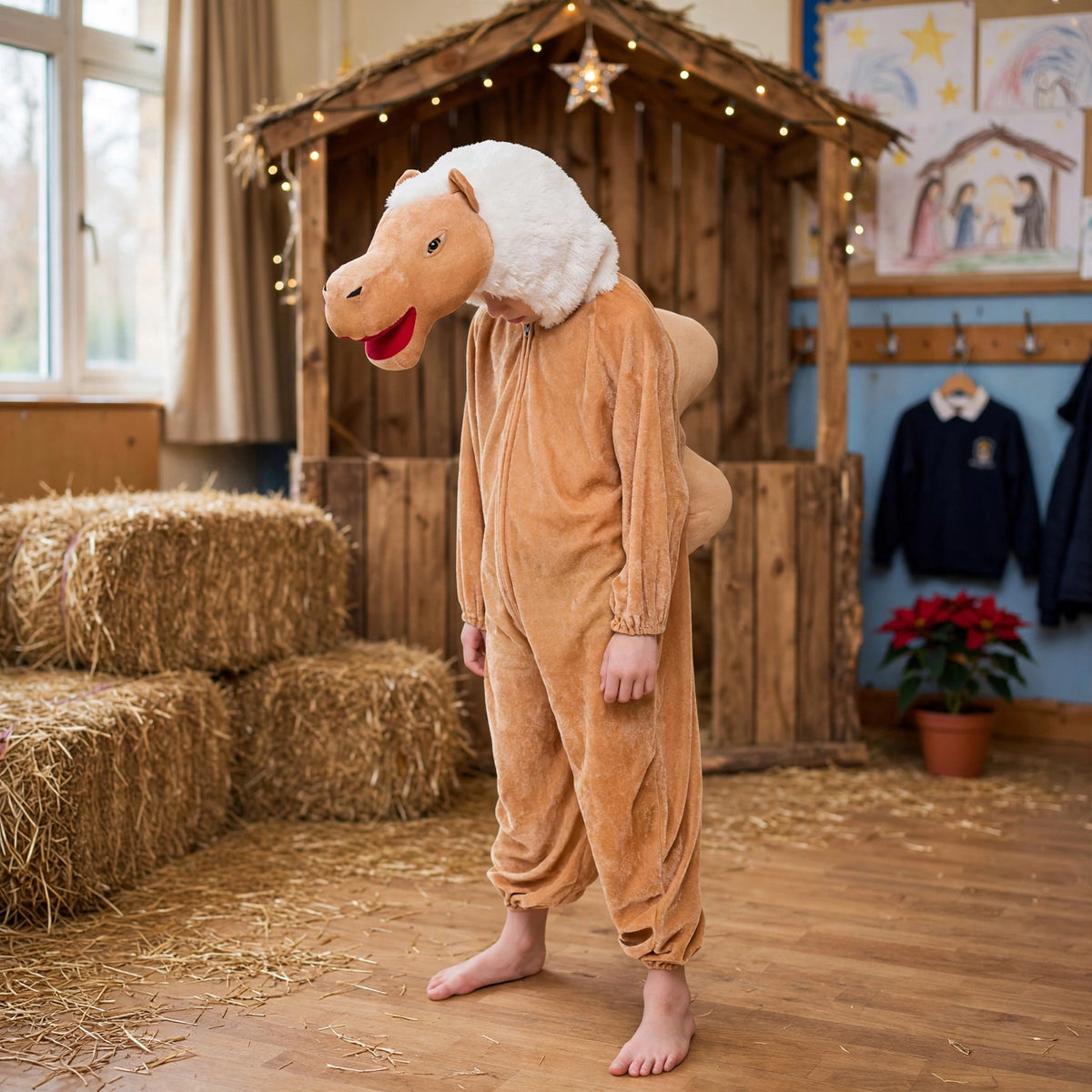 Child wearing camel fancy dress costume suitable for nativity plays and animal-themed parties