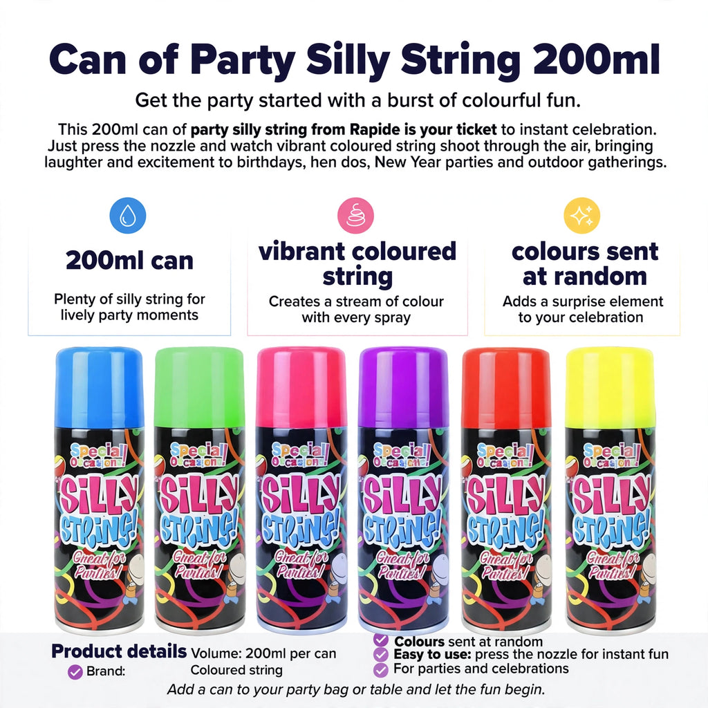 Features 200ml can, vibrant coloured string, and random bright colours