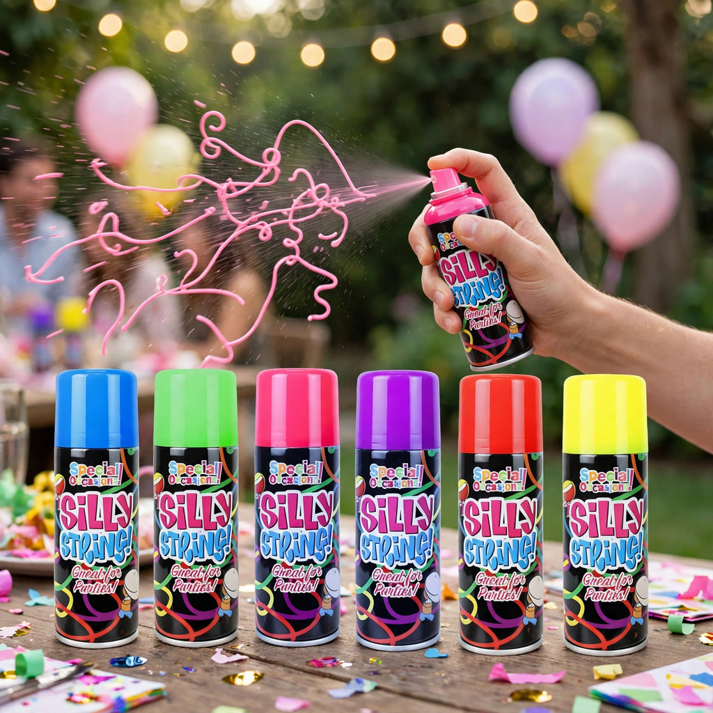Party silly string used at birthdays, hen dos, New Year parties and outdoor gatherings