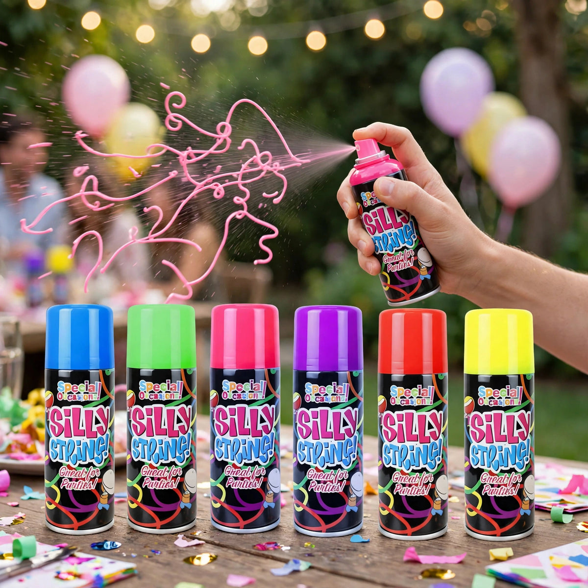 Party silly string used at birthdays, hen dos, New Year parties and outdoor gatherings