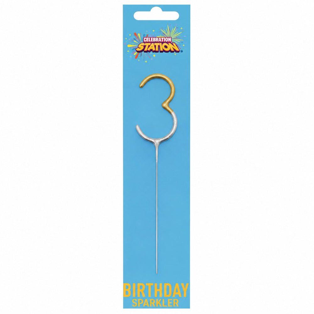 Celebration Station number 3 gold and silver 7 inch birthday sparkler in retail packaging