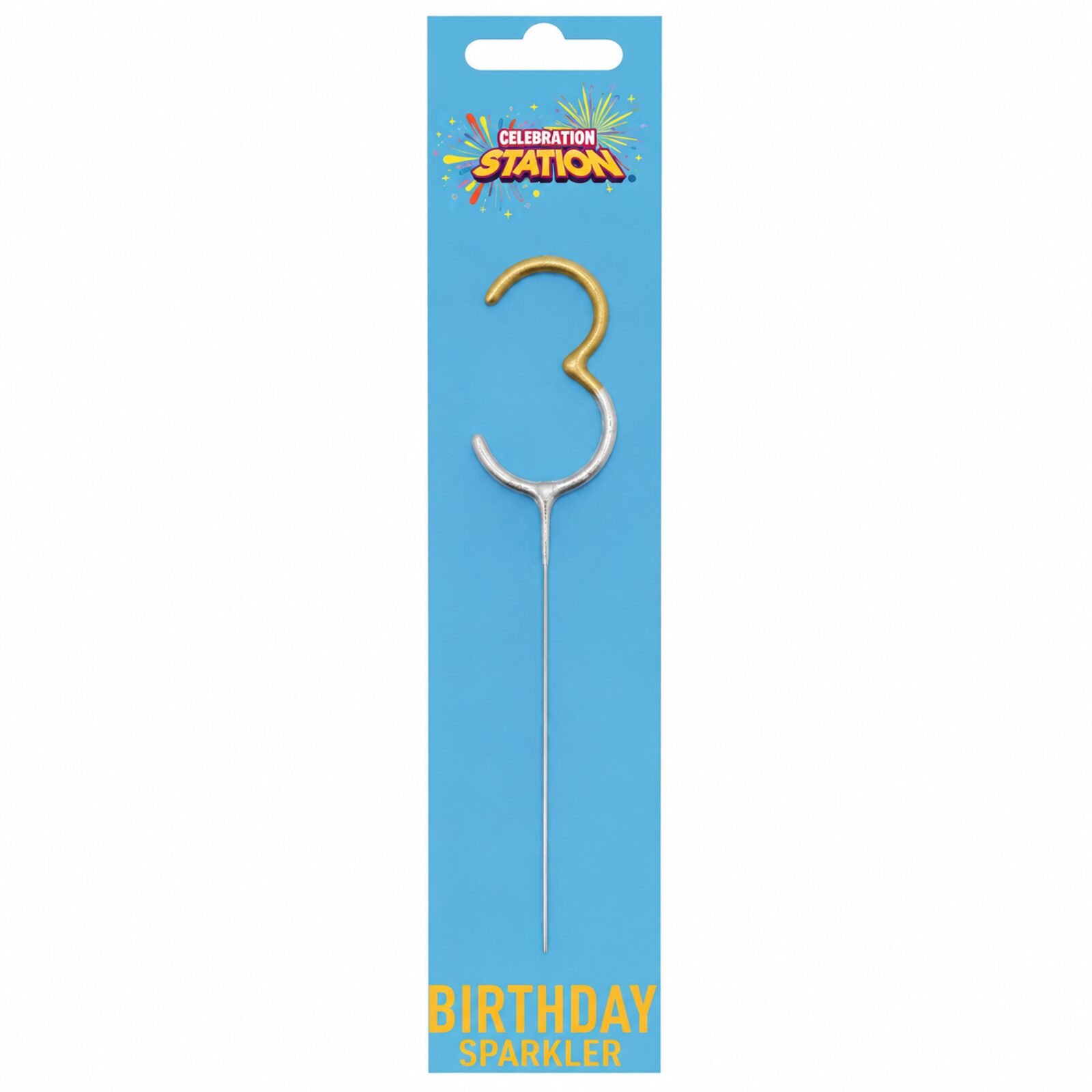 Celebration Station number 3 gold and silver 7 inch birthday sparkler in retail packaging