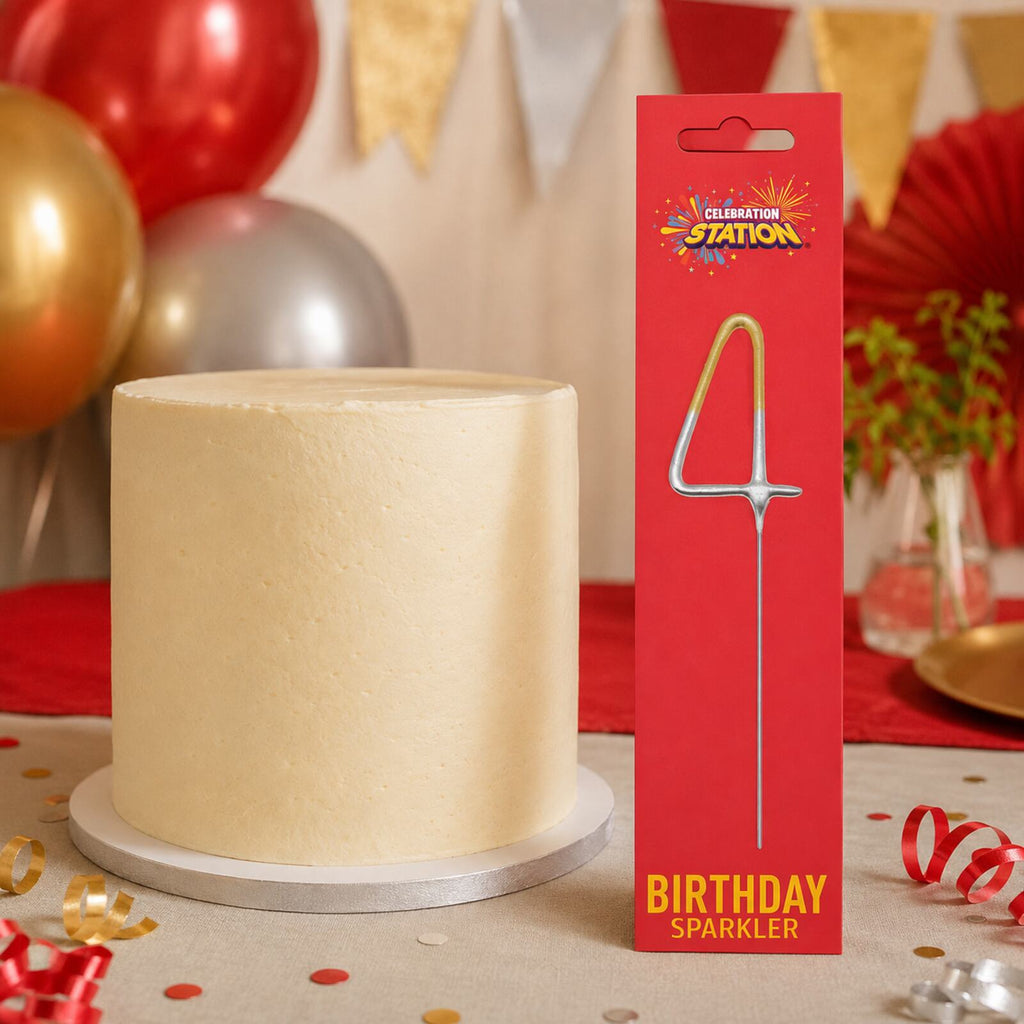 Packaged number 4 birthday sparkler beside a plain celebration cake