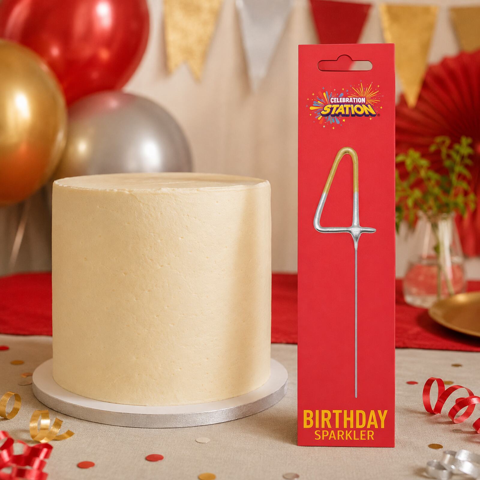 Packaged number 4 birthday sparkler beside a plain celebration cake