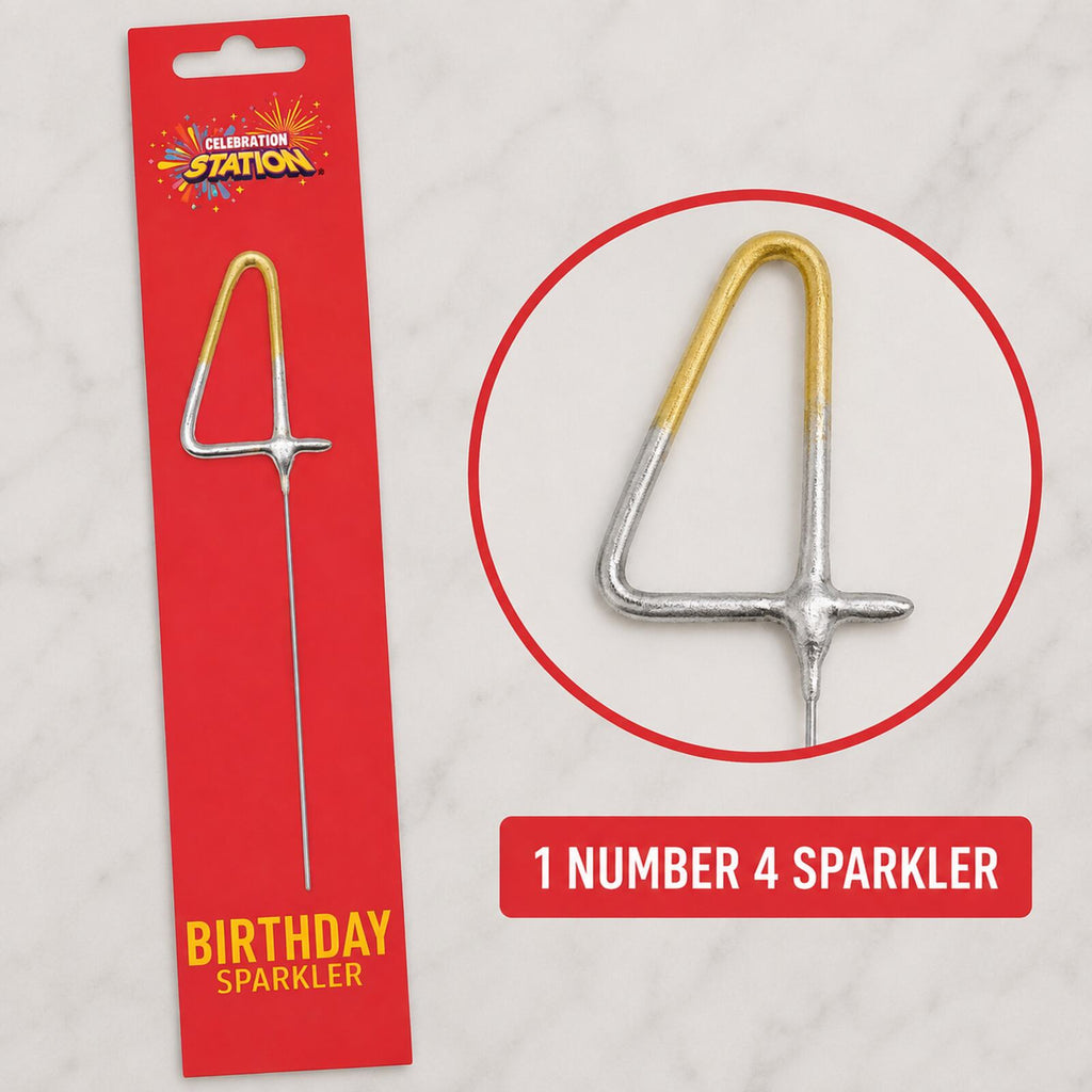 Close-up detail of one gold and silver number 4 birthday sparkler and packaging