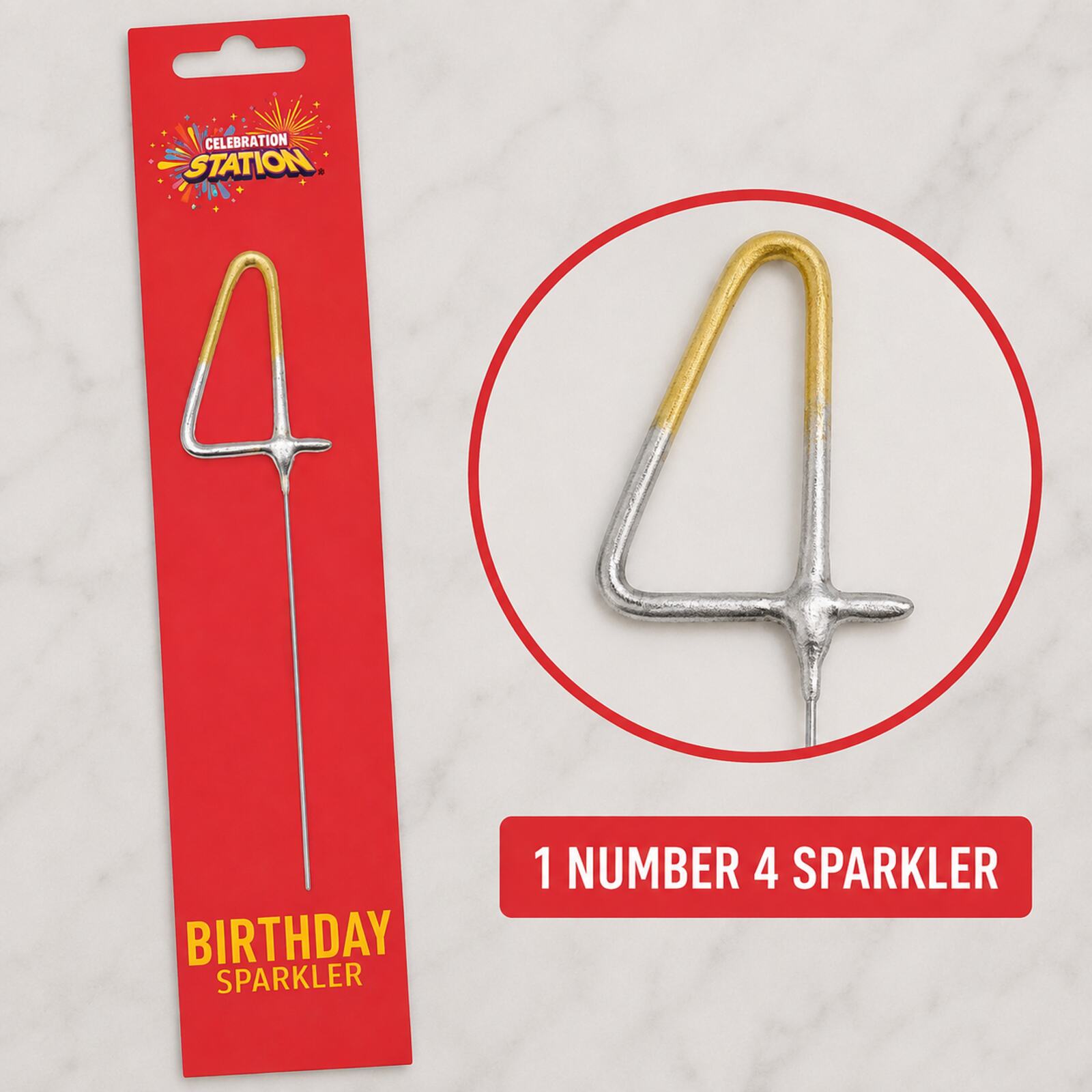 Close-up detail of one gold and silver number 4 birthday sparkler and packaging