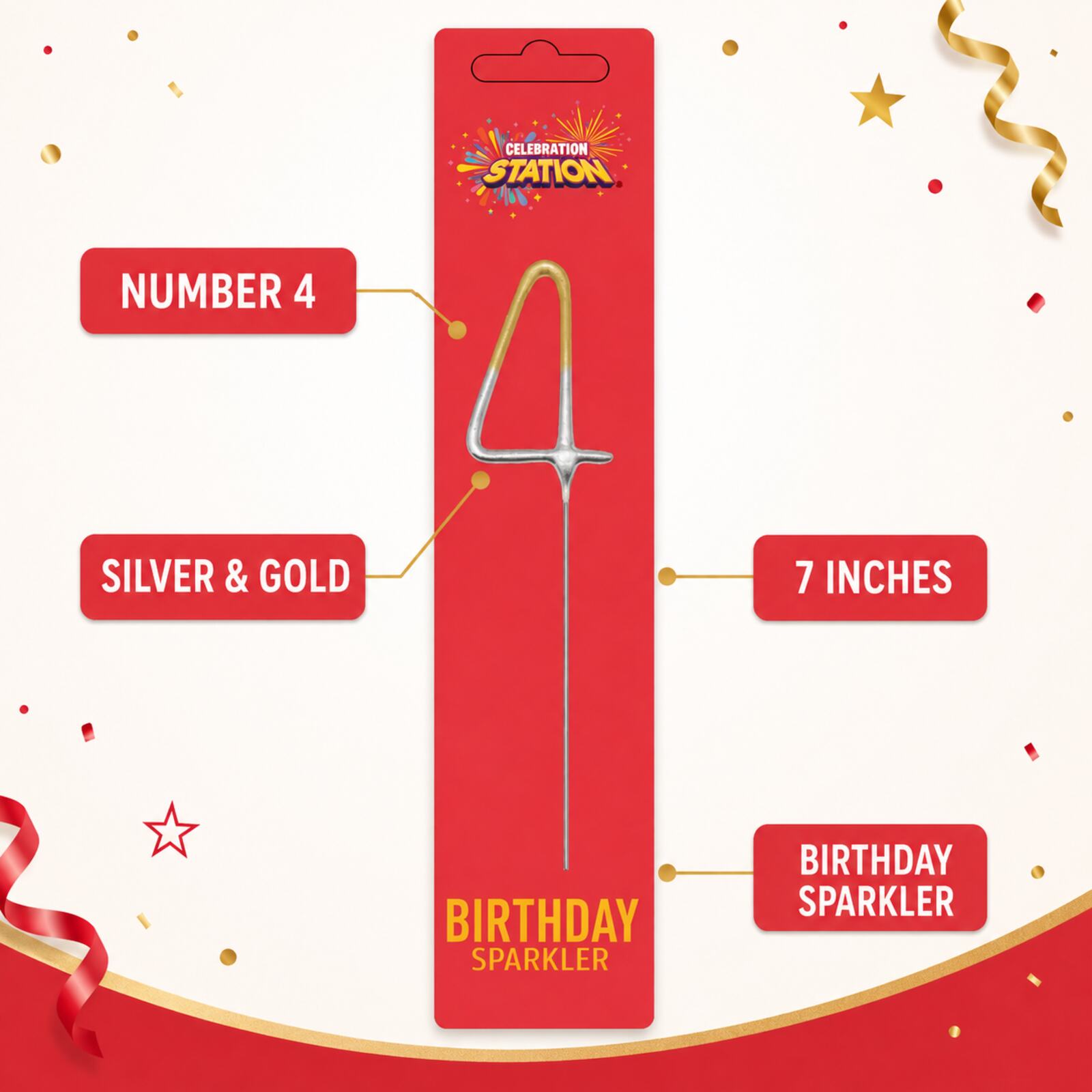 Number 4 birthday sparkler feature guide showing 7 inch gold and silver design