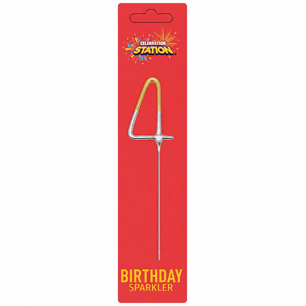 Celebration Station number 4 gold and silver 7 inch birthday sparkler in red packaging