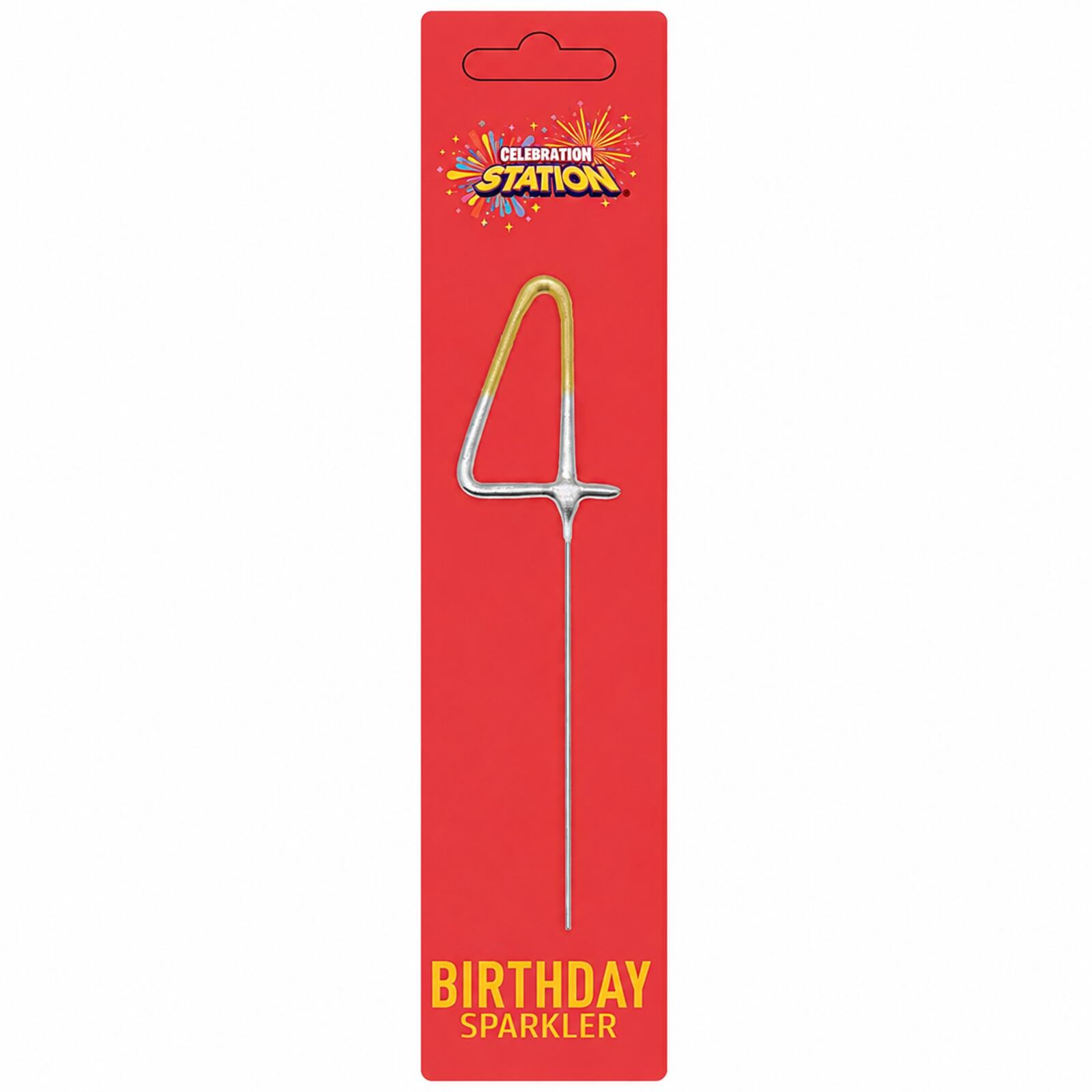Celebration Station number 4 gold and silver 7 inch birthday sparkler in red packaging