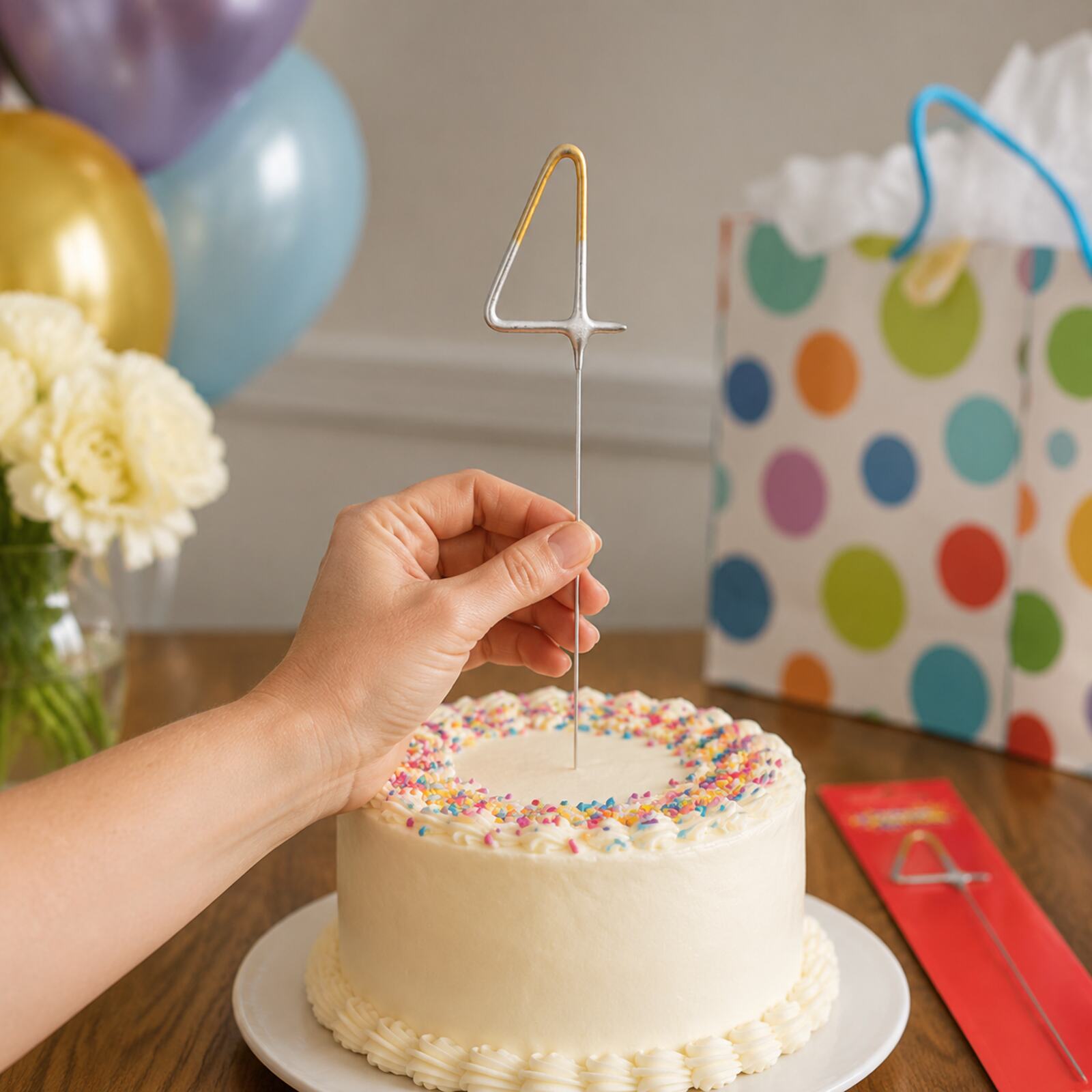 Adult hand holding unlit number 4 birthday sparkler safely above a cake