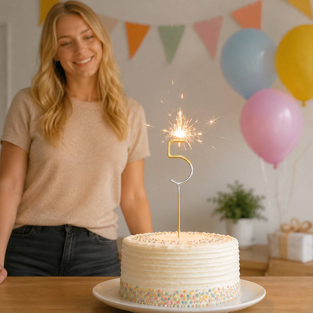 Adult celebrating beside a cake with a lit number 5 birthday sparkler