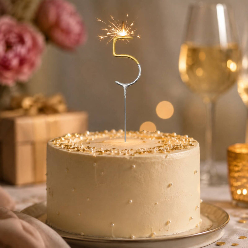 Gold and silver number 5 sparkler lit on an elegant birthday cake