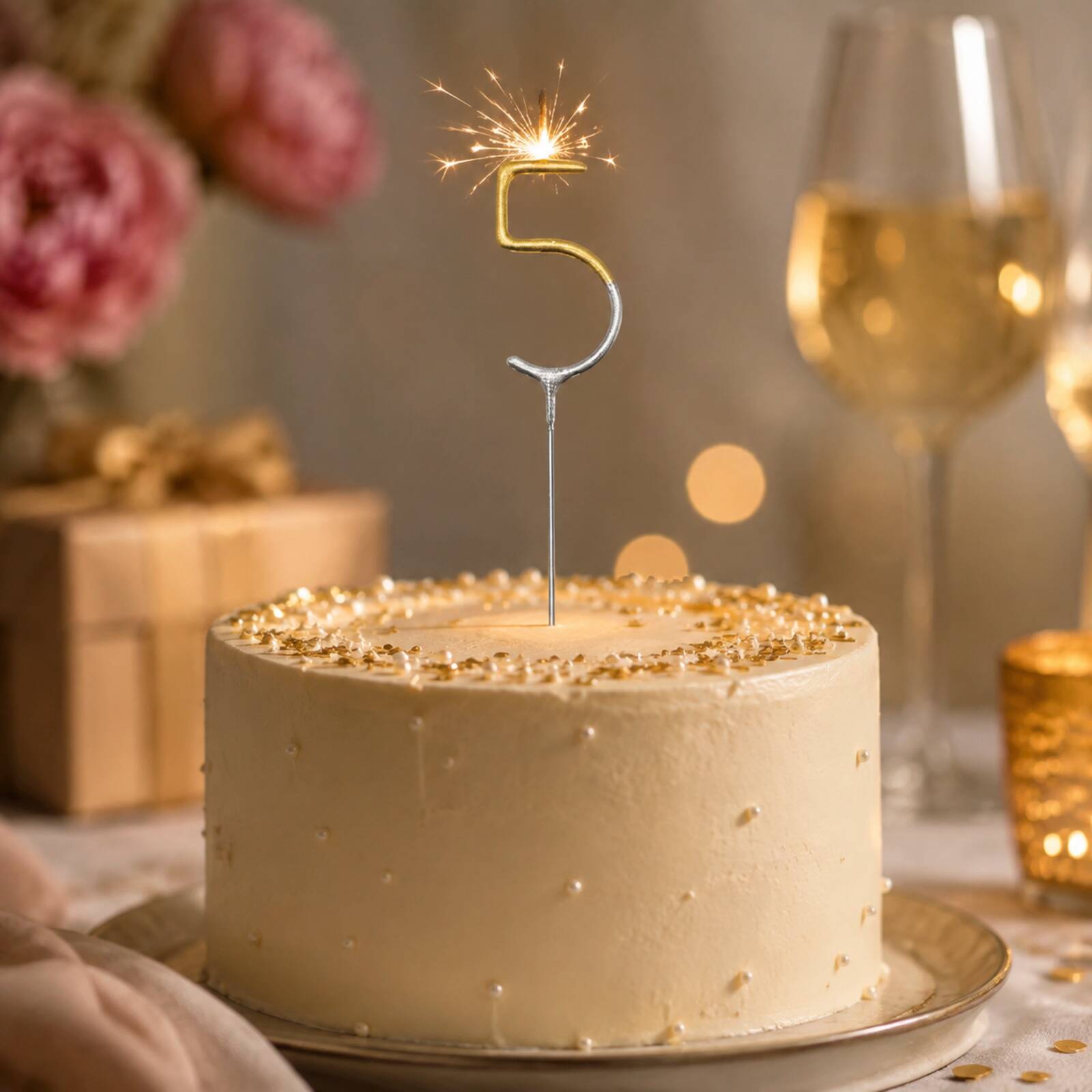 Gold and silver number 5 sparkler lit on an elegant birthday cake