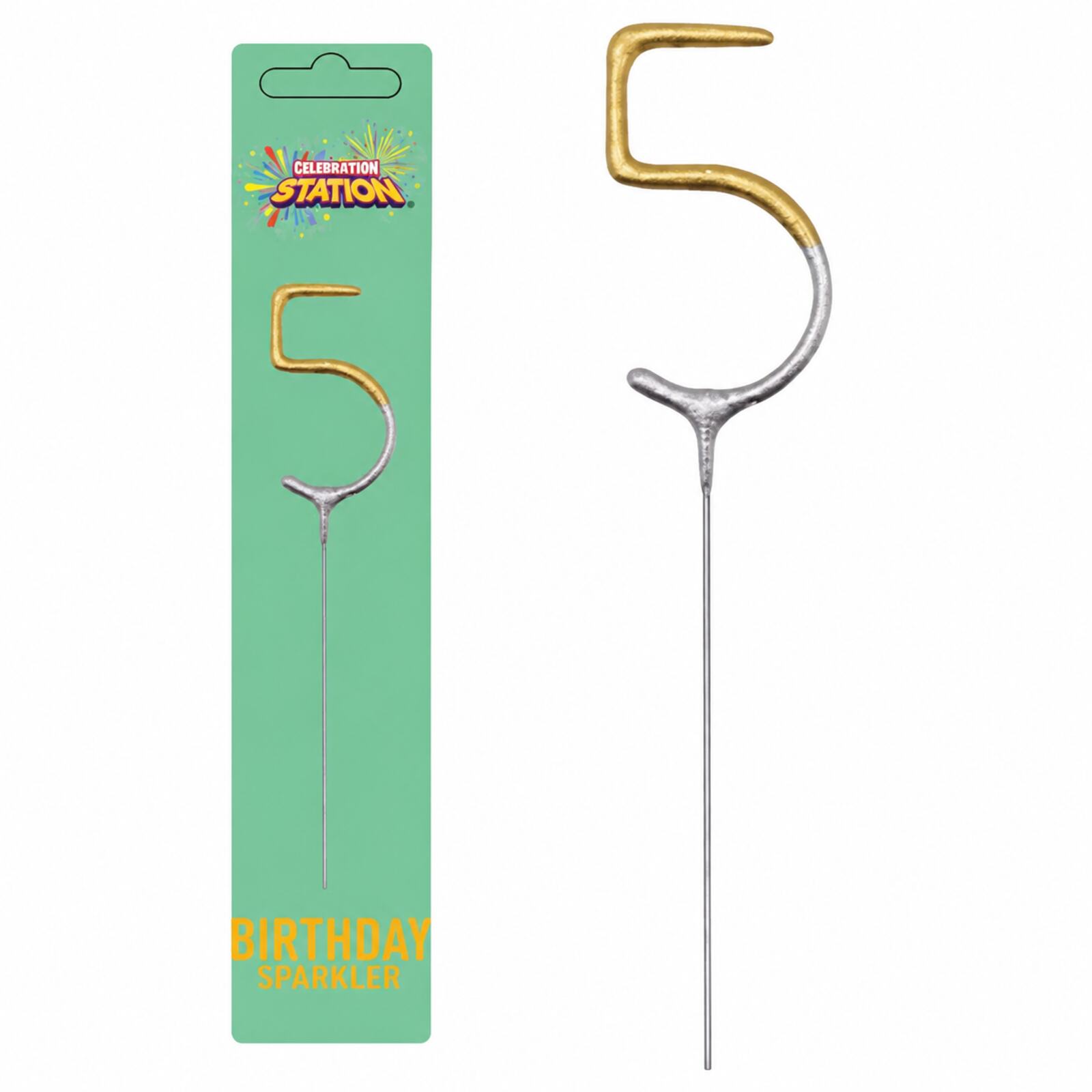 Close detail of gold and silver number 5 sparkler with straight metal stem