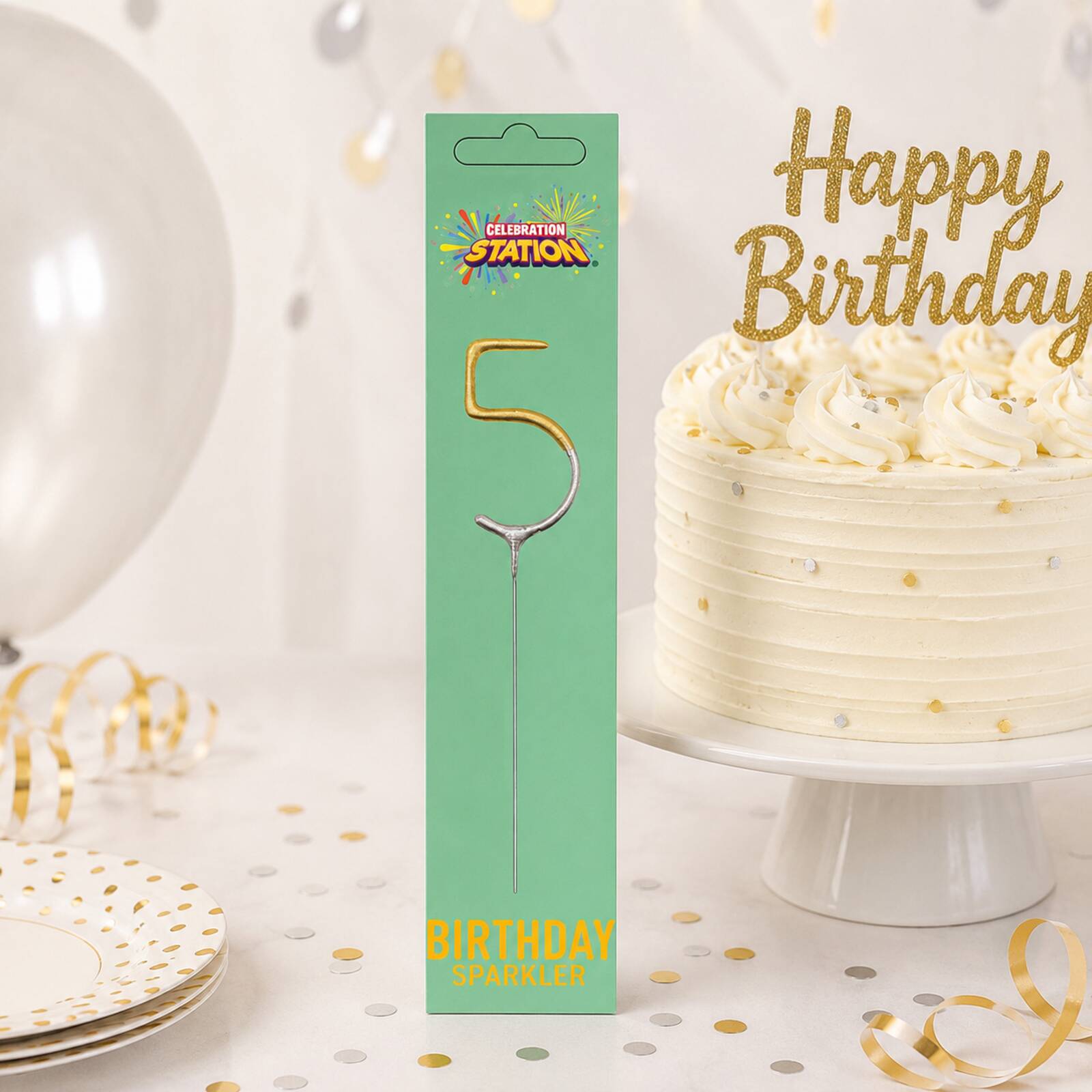 Packaged number 5 birthday sparkler displayed beside a decorated birthday cake