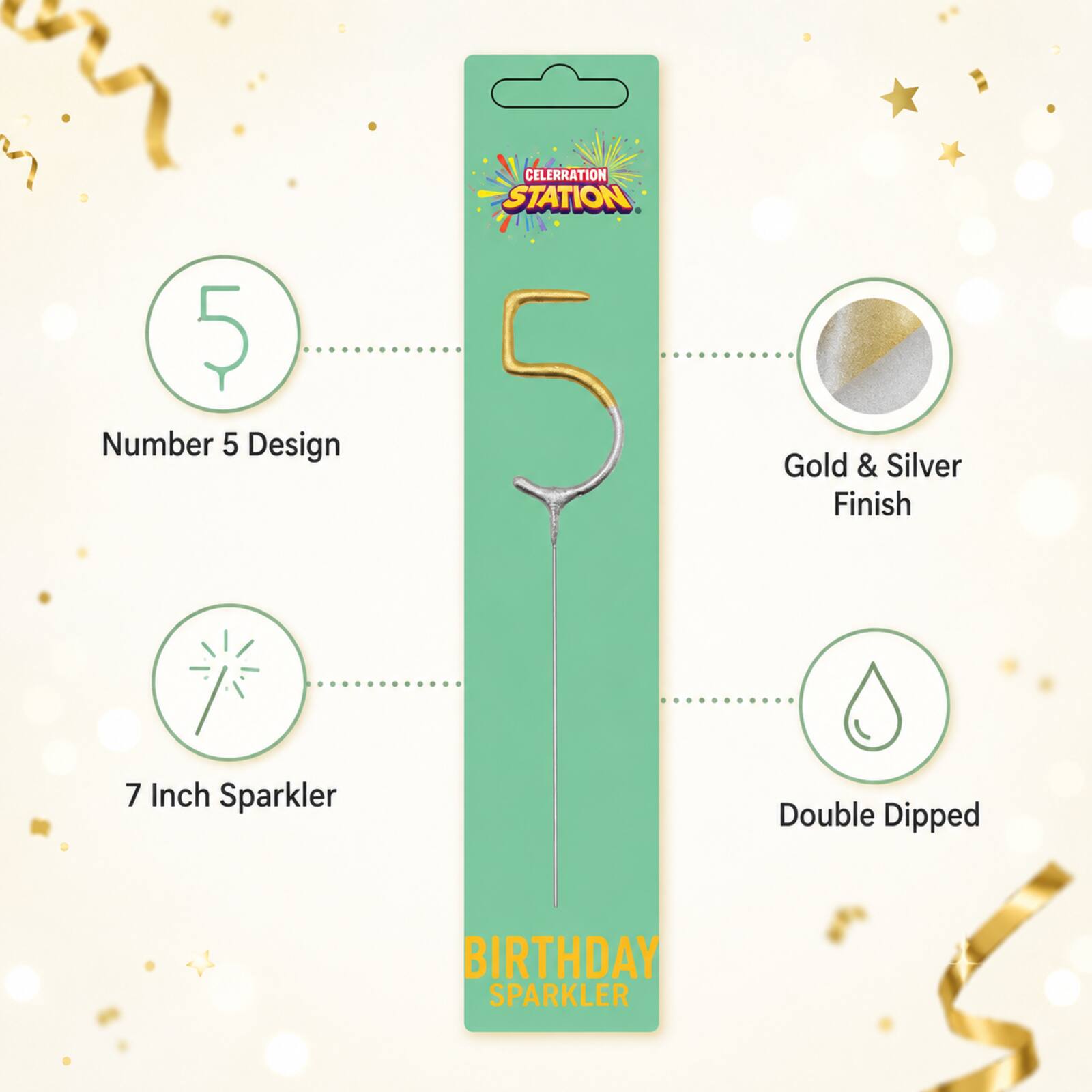 Number 5 birthday sparkler infographic showing gold silver finish and 7 inch size