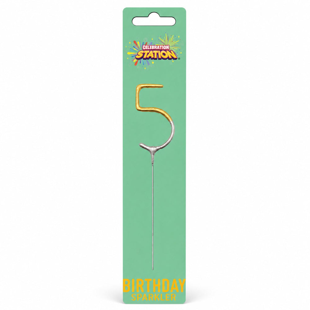 Celebration Station number 5 gold and silver birthday sparkler in retail packaging